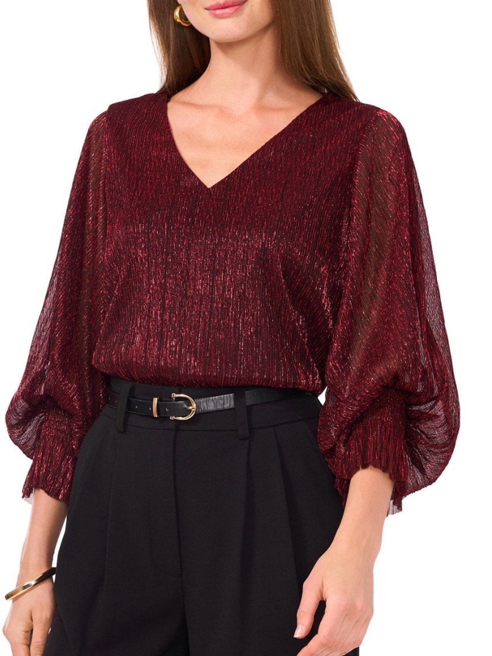 Vince Camuto Women's Metallic V-Neck Sheer-Sleeve Top